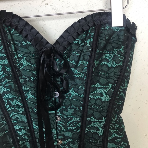 Green Black Lace Up Strapless Corset Top Small - Picture 2 of 7